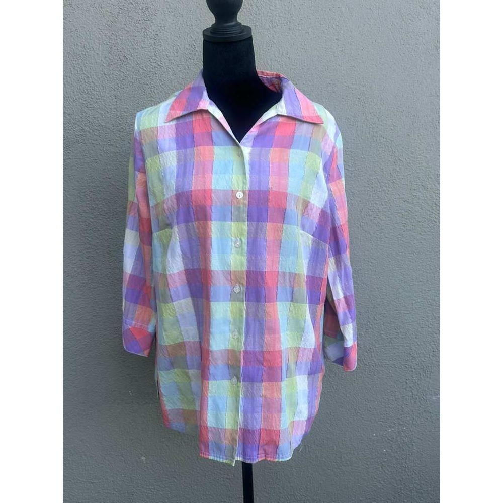 Alia Womens Rainbow Plaid Button Front Blouse 3/4 Sleeve Seersucker Top Multi